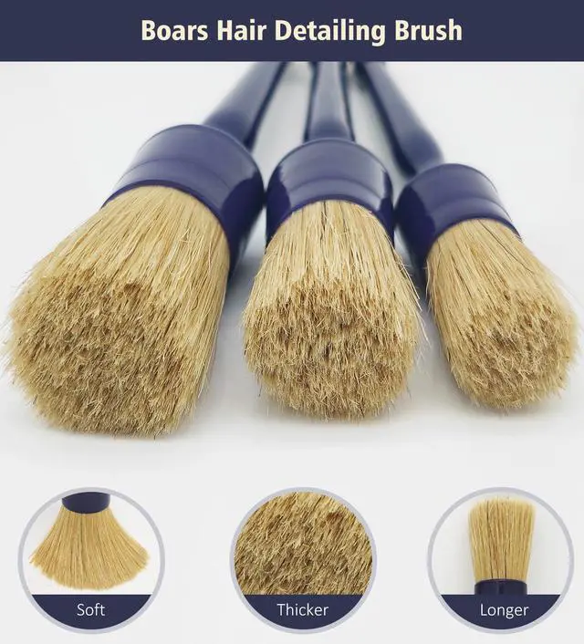 Alt view image 2 of 7 - Car Detailing Brush Set, 3 Pack Ultra Soft Boars Hair Detailing Brushes for Leather Seat Air Vents Engine Bay, Auto Detail Brushes Car Detailing for Interior Exterior, Indigo