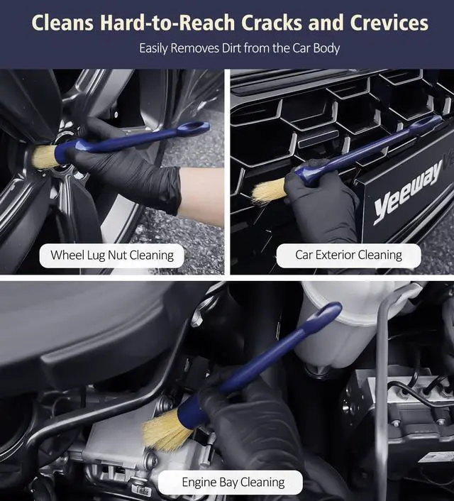 Alt view image 5 of 7 - Car Detailing Brush Set, 3 Pack Ultra Soft Boars Hair Detailing Brushes for Leather Seat Air Vents Engine Bay, Auto Detail Brushes Car Detailing for Interior Exterior, Indigo