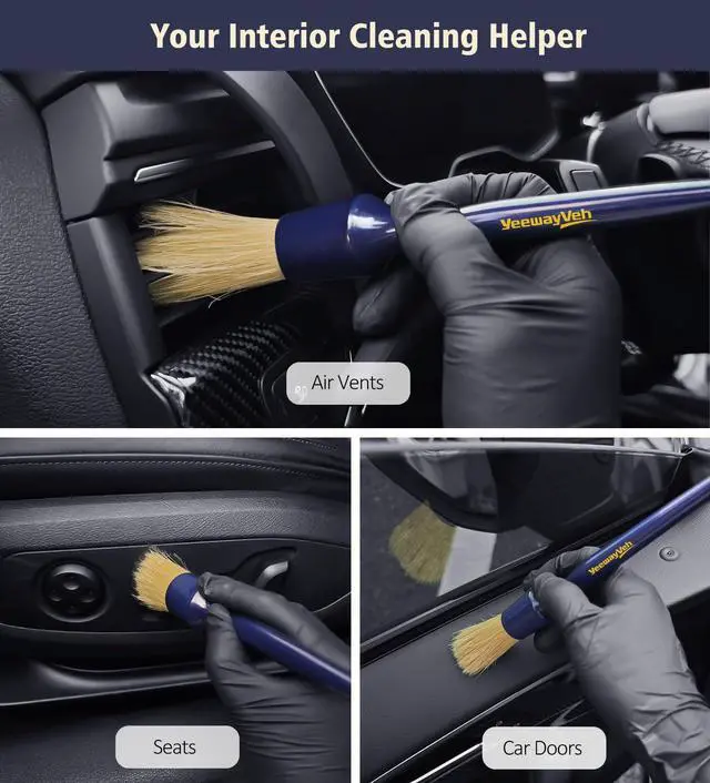 Alt view image 4 of 7 - Car Detailing Brush Set, 3 Pack Ultra Soft Boars Hair Detailing Brushes for Leather Seat Air Vents Engine Bay, Auto Detail Brushes Car Detailing for Interior Exterior, Indigo