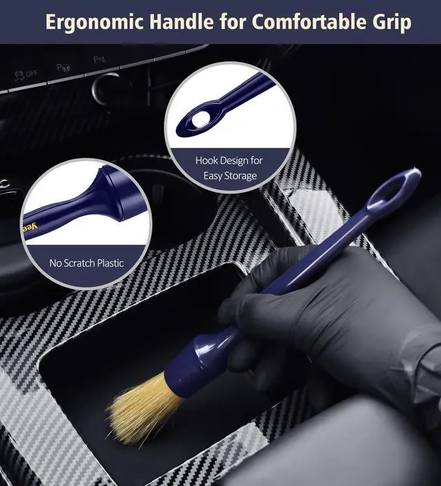 Alt view image 3 of 7 - Car Detailing Brush Set, 3 Pack Ultra Soft Boars Hair Detailing Brushes for Leather Seat Air Vents Engine Bay, Auto Detail Brushes Car Detailing for Interior Exterior, Indigo