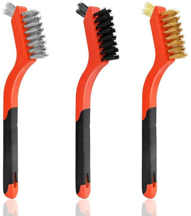 Main image of 3pcs Wire Brushes for Cleaning Rust, Upgrade Wire Brush Set - Brass/Stainless Steel/Nylon Bristles, Small Metal Wire Brush with Curved Handle Grip, Wire Brushes for Paint and Stain, 7 Inches (3pcs)