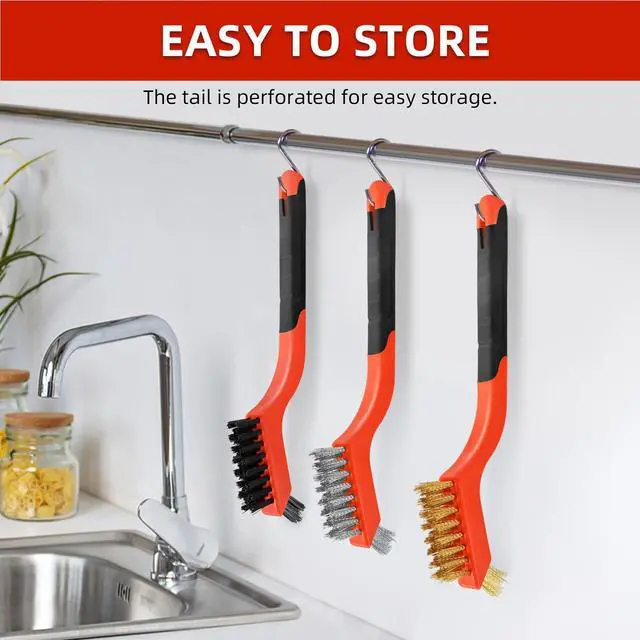 Alt view image 5 of 7 - 3pcs Wire Brushes for Cleaning Rust, Upgrade Wire Brush Set - Brass/Stainless Steel/Nylon Bristles, Small Metal Wire Brush with Curved Handle Grip, Wire Brushes for Paint and Stain, 7 Inches (3pcs)