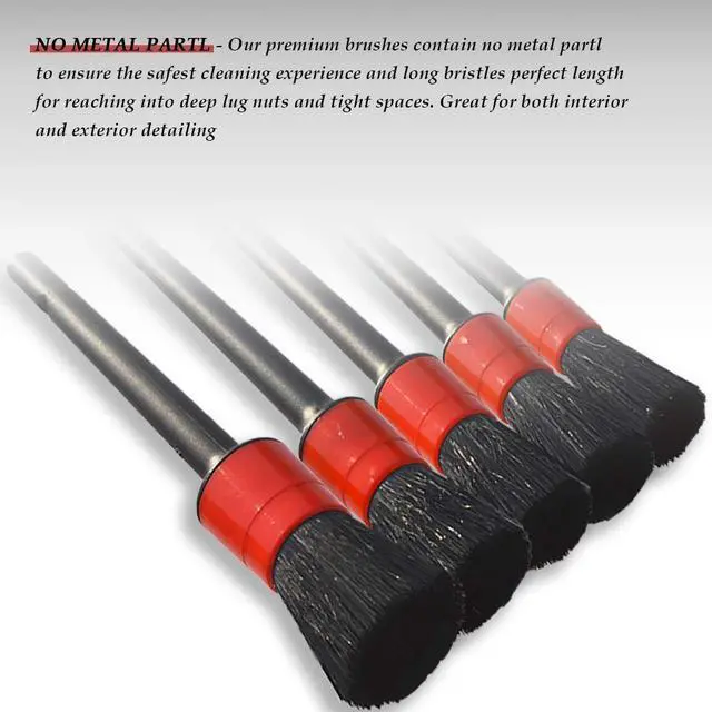 Alt view image 2 of 5 - Detailing Brush Set -5 Different Sizes Premium Natural Boar Hair Mixed Fiber Plastic Handle Automotive Detail Brushes for Cleaning Wheels, Engine, Interior, Air Vents, Car, Motorcy