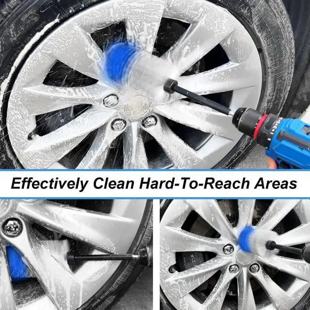 Alt view image 4 of 7 - Wheel Brush Kit, Soft Drill Wheel Cleaner Brush, No Scratches Highly Dense Car Cleaning Brush Set for Wheels, Rims, Engines, Exhaust(Blue/White,2Pcs)