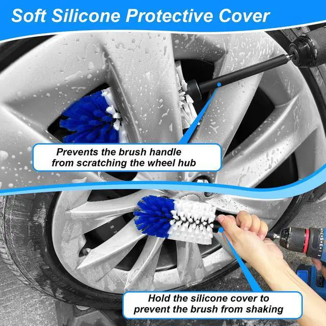 Alt view image 5 of 7 - Wheel Brush Kit, Soft Drill Wheel Cleaner Brush, No Scratches Highly Dense Car Cleaning Brush Set for Wheels, Rims, Engines, Exhaust(Blue/White,2Pcs)