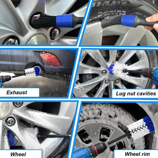 Alt view image 7 of 7 - Wheel Brush Kit, Soft Drill Wheel Cleaner Brush, No Scratches Highly Dense Car Cleaning Brush Set for Wheels, Rims, Engines, Exhaust(Blue/White,2Pcs)