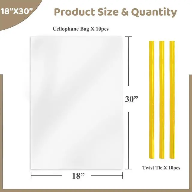 Alt view image 2 of 7 - Cellophane Wrap for Gift Baskets 10 PCS 18x30 Inches Large Clear Cello Gift Bags with Ties Plastic for Gift Giving, Packaging Products
