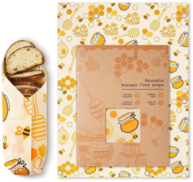 Main image of Beeswax Wraps for Food Reusable Beeswax Bread Bag & Sandwich Wrap, Organic & Eco-Friendly & Sustainable Bees Paper, Perfect Alternative to Aluminum Foil Sourdough Storage & Plastic WrapBee jar
