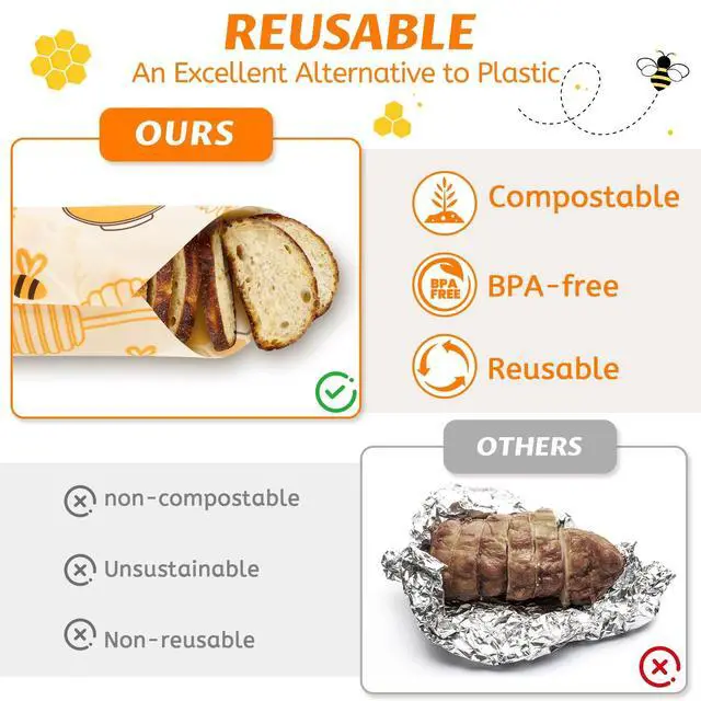 Alt view image 5 of 6 - Beeswax Wraps for Food Reusable Beeswax Bread Bag & Sandwich Wrap, Organic & Eco-Friendly & Sustainable Bees Paper, Perfect Alternative to Aluminum Foil Sourdough Storage & Plastic WrapBee jar