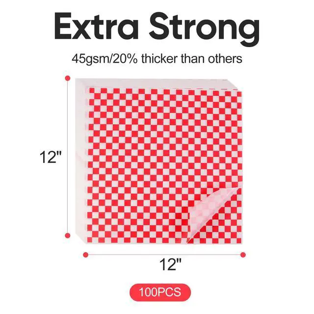 Alt view image 2 of 7 - 100PCS Sandwich Wrapping Paper, Grease Resistant Wax Paper Sheets for Food, Extra Strong Food Basket Liners, Classic Red & White Checkered Deli Sheets 12x12" for BBQ, Picnic, Festival - Vacnkoy