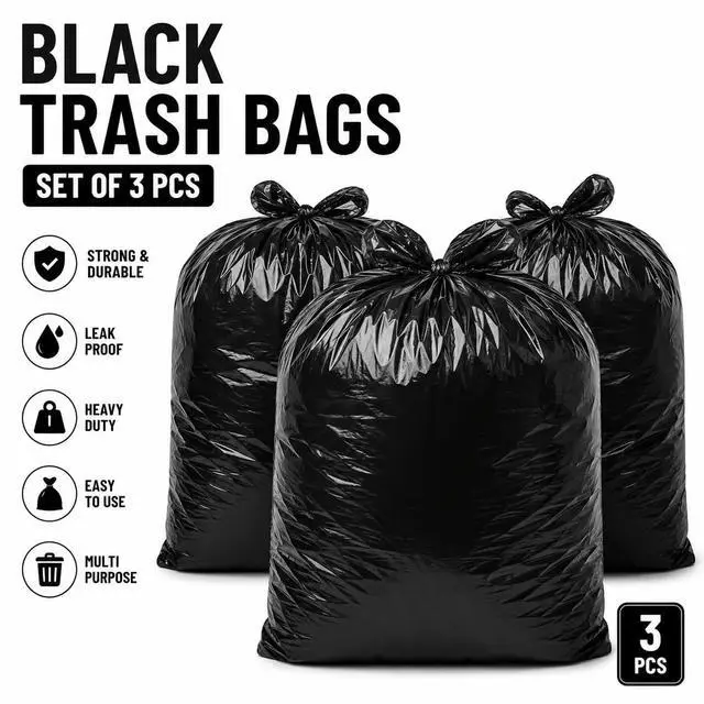 Alt view image 2 of 7 - Black Trash Bags Set of 3 Thick Durable Plastic Garbage Bags | Leak-Proof & Puncture-Resistant | for Kitchen Restaurants Yard, Office use