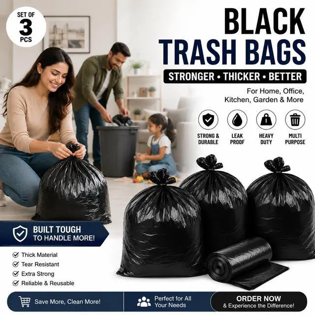 Alt view image 3 of 7 - Black Trash Bags Set of 3 Thick Durable Plastic Garbage Bags | Leak-Proof & Puncture-Resistant | for Kitchen Restaurants Yard, Office use