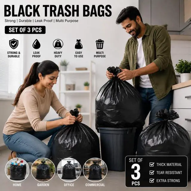 Alt view image 4 of 7 - Black Trash Bags Set of 3 Thick Durable Plastic Garbage Bags | Leak-Proof & Puncture-Resistant | for Kitchen Restaurants Yard, Office use