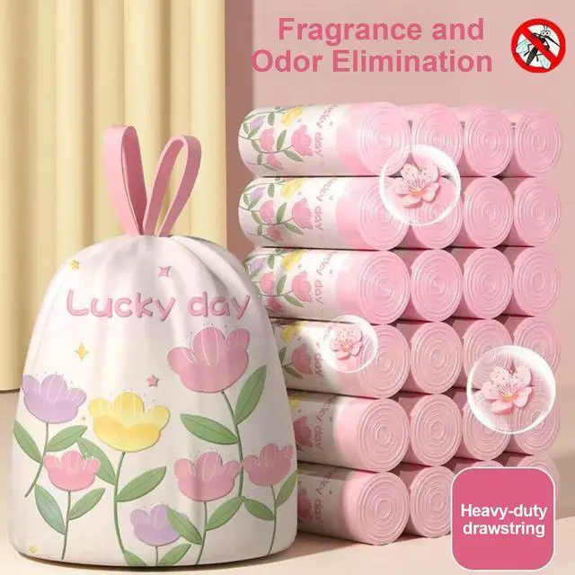 Alt view image 3 of 5 - Pink Floral Print Plastic Trash Bags, Strong Drawstring Garbage Bags for Kitchen & Household