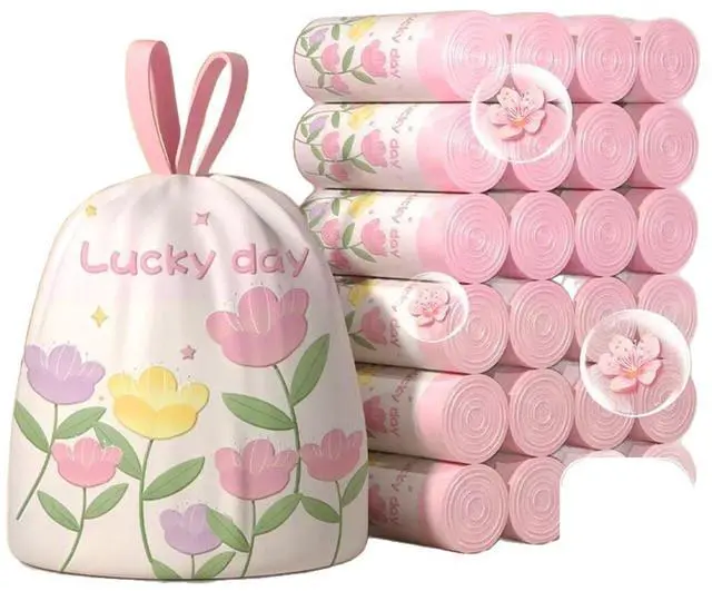 Main image of Pink Floral Print Plastic Trash Bags, Strong Drawstring Garbage Bags for Kitchen & Household
