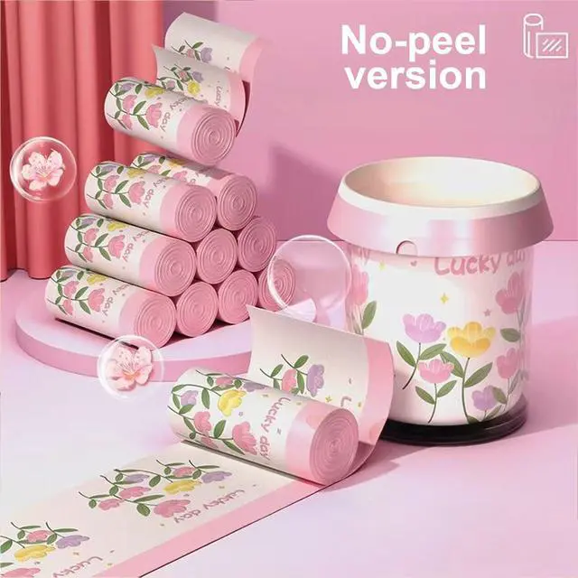 Alt view image 4 of 5 - Pink Floral Print Plastic Trash Bags, Strong Drawstring Garbage Bags for Kitchen & Household