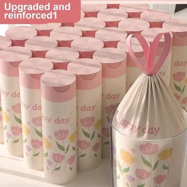 Alt view image 5 of 5 - Pink Floral Print Plastic Trash Bags, Strong Drawstring Garbage Bags for Kitchen & Household