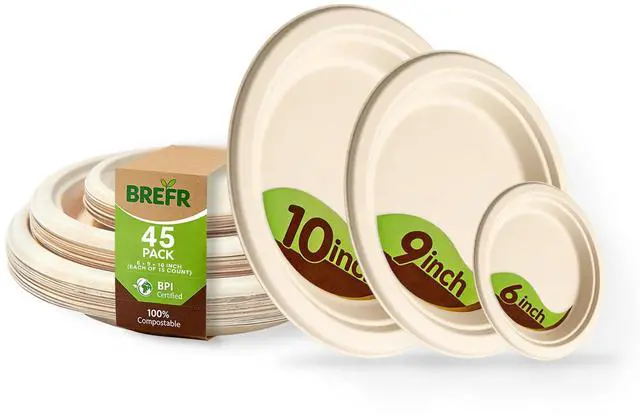 Main image of 45 Pack Compostable Plates, 6 9 10 Inch Biodegradable Sugarcane Plates - Assorted Size Eco Friendly Plate Sampler Set for Party, Dinner, Dessert