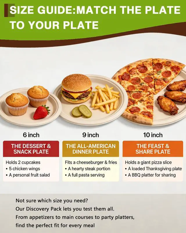 Alt view image 2 of 7 - 45 Pack Compostable Plates, 6 9 10 Inch Biodegradable Sugarcane Plates - Assorted Size Eco Friendly Plate Sampler Set for Party, Dinner, Dessert
