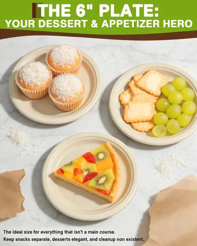 Alt view image 3 of 7 - 45 Pack Compostable Plates, 6 9 10 Inch Biodegradable Sugarcane Plates - Assorted Size Eco Friendly Plate Sampler Set for Party, Dinner, Dessert