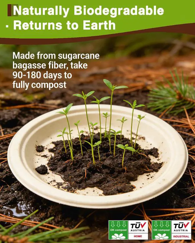 Alt view image 6 of 7 - 45 Pack Compostable Plates, 6 9 10 Inch Biodegradable Sugarcane Plates - Assorted Size Eco Friendly Plate Sampler Set for Party, Dinner, Dessert
