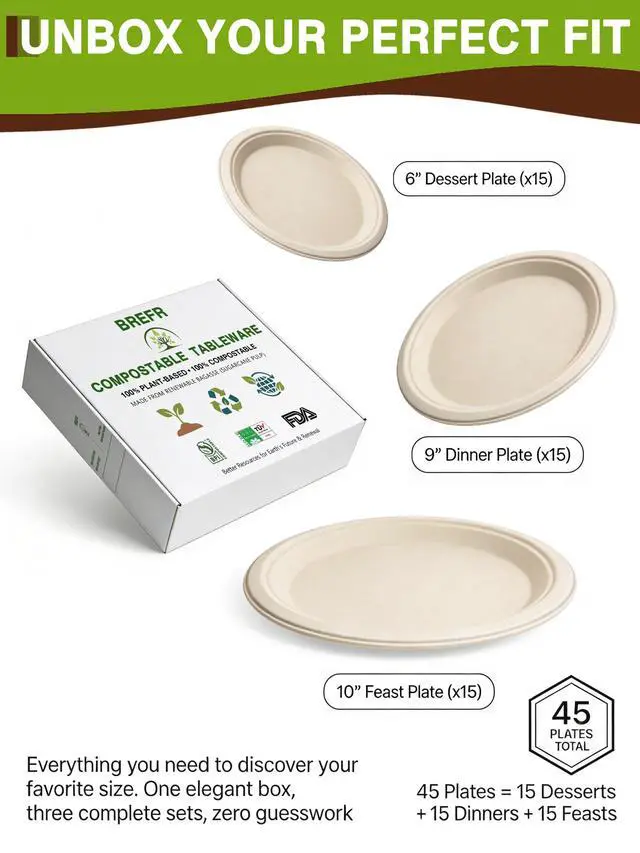Alt view image 7 of 7 - 45 Pack Compostable Plates, 6 9 10 Inch Biodegradable Sugarcane Plates - Assorted Size Eco Friendly Plate Sampler Set for Party, Dinner, Dessert