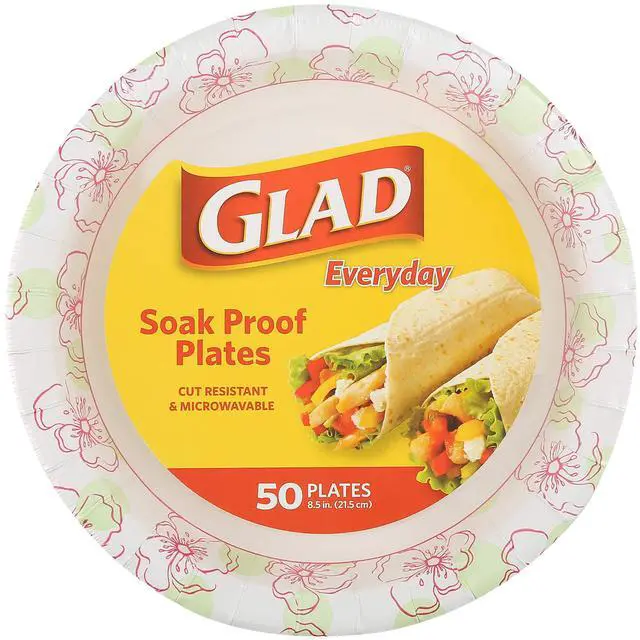 Main image of Glad Disposable Paper Plates, Pink Floral Pattern, 8.5 Inch Round, Soak Proof Coating, Microwave Safe, Cut Resistant, Sturdy for Dinner, Parties, and Everyday Meals, 50 Count