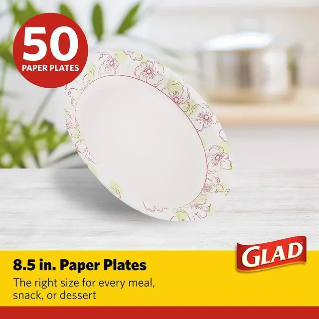 Alt view image 2 of 7 - Glad Disposable Paper Plates, Pink Floral Pattern, 8.5 Inch Round, Soak Proof Coating, Microwave Safe, Cut Resistant, Sturdy for Dinner, Parties, and Everyday Meals, 50 Count