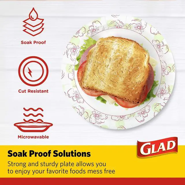 Alt view image 3 of 7 - Glad Disposable Paper Plates, Pink Floral Pattern, 8.5 Inch Round, Soak Proof Coating, Microwave Safe, Cut Resistant, Sturdy for Dinner, Parties, and Everyday Meals, 50 Count