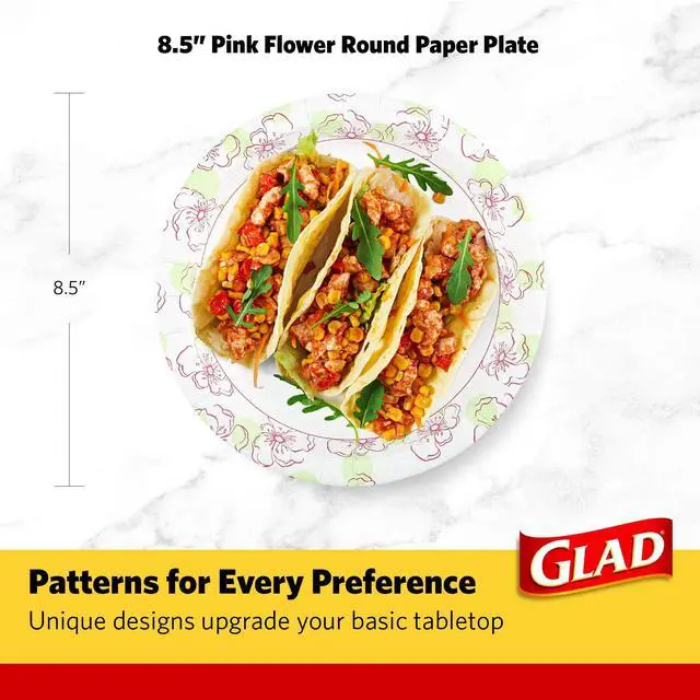 Alt view image 6 of 7 - Glad Disposable Paper Plates, Pink Floral Pattern, 8.5 Inch Round, Soak Proof Coating, Microwave Safe, Cut Resistant, Sturdy for Dinner, Parties, and Everyday Meals, 50 Count