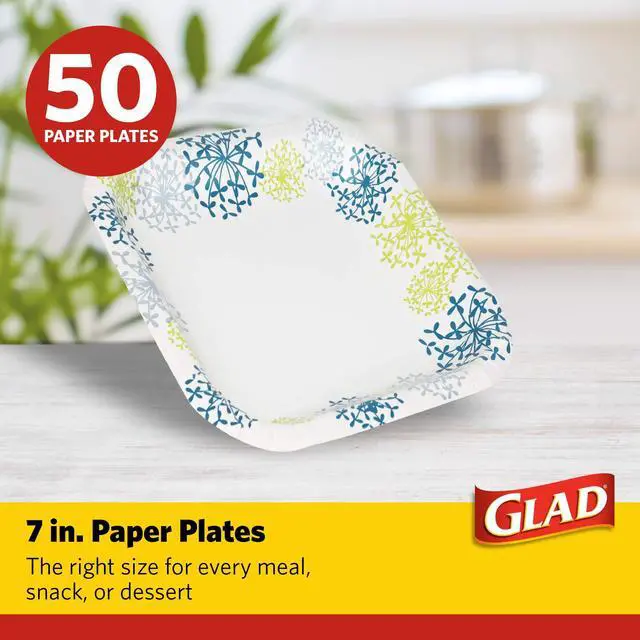 Alt view image 2 of 7 - Glad Everyday Round Paper Plates, Blue Hydrangea Print Disposable Dessert and Appetizer Plates for Meals and Parties, Soak Proof and Cut Resistant, Microwave Safe Tabletop Plates, 7 Inch, 50 Count