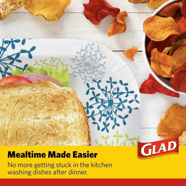 Alt view image 5 of 7 - Glad Everyday Round Paper Plates, Blue Hydrangea Print Disposable Dessert and Appetizer Plates for Meals and Parties, Soak Proof and Cut Resistant, Microwave Safe Tabletop Plates, 7 Inch, 50 Count