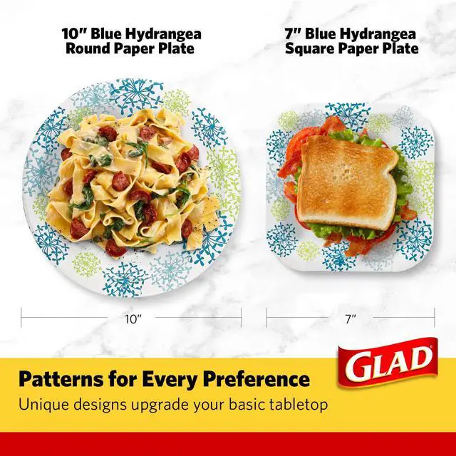 Alt view image 6 of 7 - Glad Everyday Round Paper Plates, Blue Hydrangea Print Disposable Dessert and Appetizer Plates for Meals and Parties, Soak Proof and Cut Resistant, Microwave Safe Tabletop Plates, 7 Inch, 50 Count