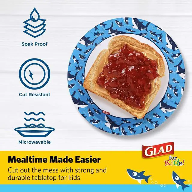 Alt view image 3 of 6 - for Kids 8.5 Inch Round Paper Plates, Cute Sharks Design, Heavy Duty Cut-Resistant and Soak-Proof Disposable Plates, Microwavable Kids Tableware for Meals, Parties, Snacks, 20 Count