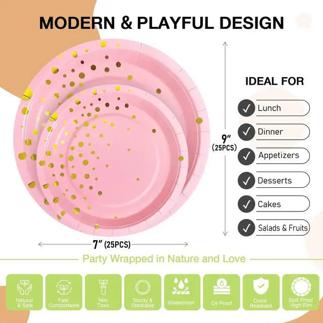 Alt view image 4 of 7 - 50 Pink Gold Paper Plates for Party Set Includes 25-9" & 25-7" Thickened Gold Dot Disposable Plates, Birthday Cake Dessert Plates for Party Supplies&Decoration, Ideal for Birthday, Wedding,Baby Shower