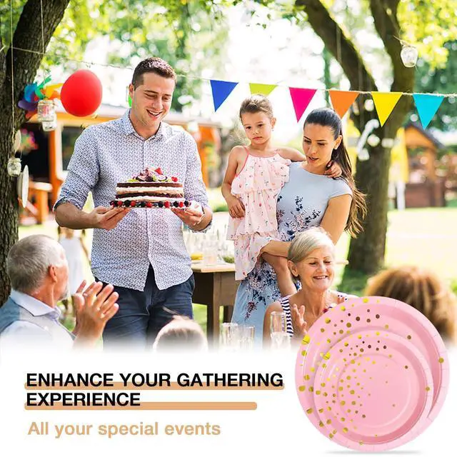 Alt view image 3 of 7 - 50 Pink Gold Paper Plates for Party Set Includes 25-9" & 25-7" Thickened Gold Dot Disposable Plates, Birthday Cake Dessert Plates for Party Supplies&Decoration, Ideal for Birthday, Wedding,Baby Shower