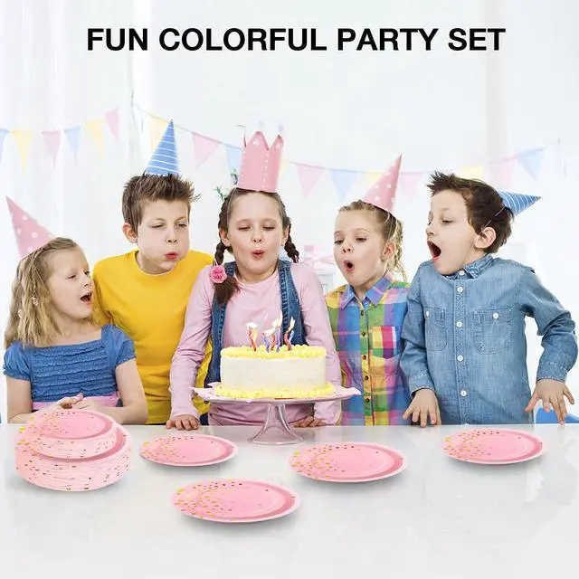 Alt view image 6 of 7 - 50 Pink Gold Paper Plates for Party Set Includes 25-9" & 25-7" Thickened Gold Dot Disposable Plates, Birthday Cake Dessert Plates for Party Supplies&Decoration, Ideal for Birthday, Wedding,Baby Shower