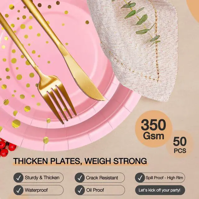 Alt view image 5 of 7 - 50 Pink Gold Paper Plates for Party Set Includes 25-9" & 25-7" Thickened Gold Dot Disposable Plates, Birthday Cake Dessert Plates for Party Supplies&Decoration, Ideal for Birthday, Wedding,Baby Shower