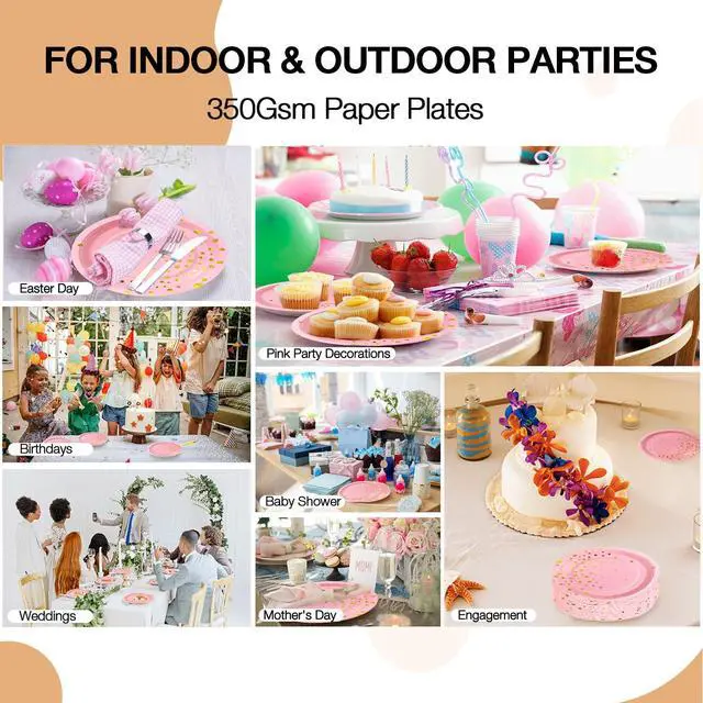 Alt view image 7 of 7 - 50 Pink Gold Paper Plates for Party Set Includes 25-9" & 25-7" Thickened Gold Dot Disposable Plates, Birthday Cake Dessert Plates for Party Supplies&Decoration, Ideal for Birthday, Wedding,Baby Shower