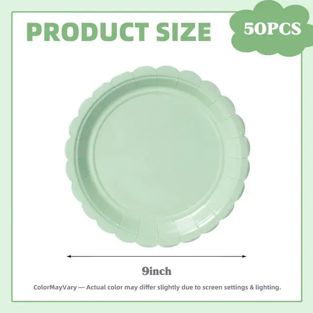 Alt view image 2 of 6 - Sage Green 9 Inch Scalloped Paper Plates, 50 Count Heavy Duty Microwave Safe Disposable Dinner Plates for Boho Baby Shower, Brunch