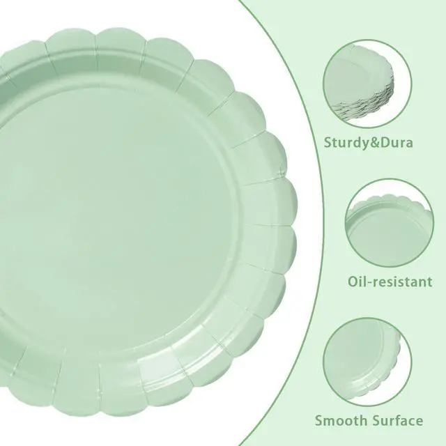 Alt view image 3 of 6 - Sage Green 9 Inch Scalloped Paper Plates, 50 Count Heavy Duty Microwave Safe Disposable Dinner Plates for Boho Baby Shower, Brunch