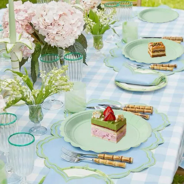 Alt view image 4 of 6 - Sage Green 9 Inch Scalloped Paper Plates, 50 Count Heavy Duty Microwave Safe Disposable Dinner Plates for Boho Baby Shower, Brunch