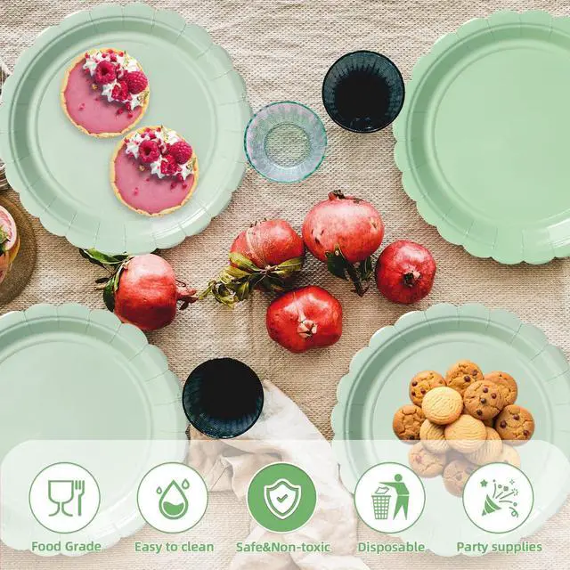 Alt view image 6 of 6 - Sage Green 9 Inch Scalloped Paper Plates, 50 Count Heavy Duty Microwave Safe Disposable Dinner Plates for Boho Baby Shower, Brunch