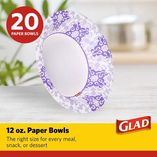 Alt view image 2 of 7 - Round Disposable Paper Bowls, Purple Victorian Design - Heavy Duty, Soak-Proof, Cut-Resistant, Microwavable Paper Bowls for All Foods and Daily Use, 12 oz, 20 Count