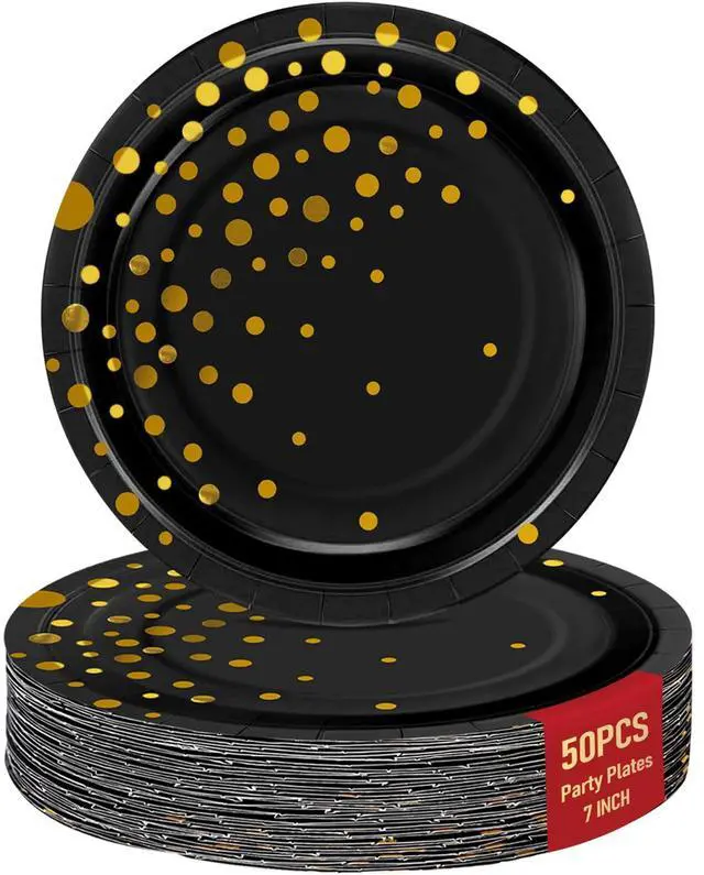 Main image of Black Gold Paper Plates for Party, 7" Thickened Gold Dot Disposable Plates (50pcs), Birthday Cake Dessert Plates for Indoor/Outdoor Party Supplies&Decoration, Ideal for Birthday,Graduation,Retirement