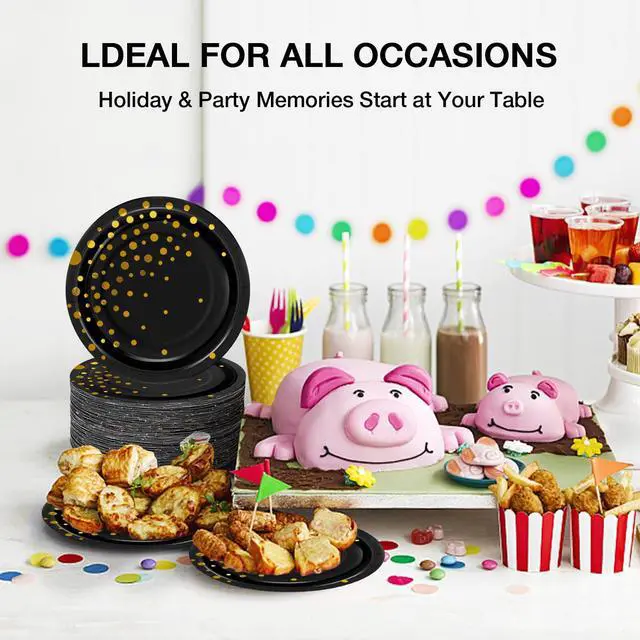 Alt view image 2 of 7 - Black Gold Paper Plates for Party, 7" Thickened Gold Dot Disposable Plates (50pcs), Birthday Cake Dessert Plates for Indoor/Outdoor Party Supplies&Decoration, Ideal for Birthday,Graduation,Retirement