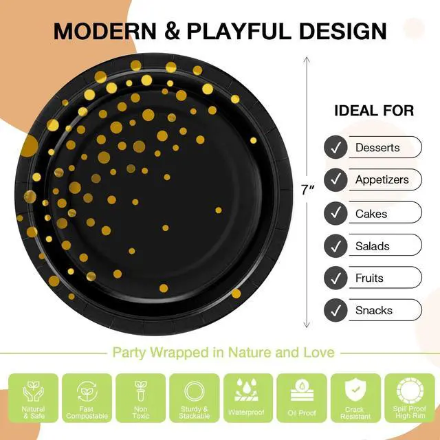 Alt view image 4 of 7 - Black Gold Paper Plates for Party, 7" Thickened Gold Dot Disposable Plates (50pcs), Birthday Cake Dessert Plates for Indoor/Outdoor Party Supplies&Decoration, Ideal for Birthday,Graduation,Retirement