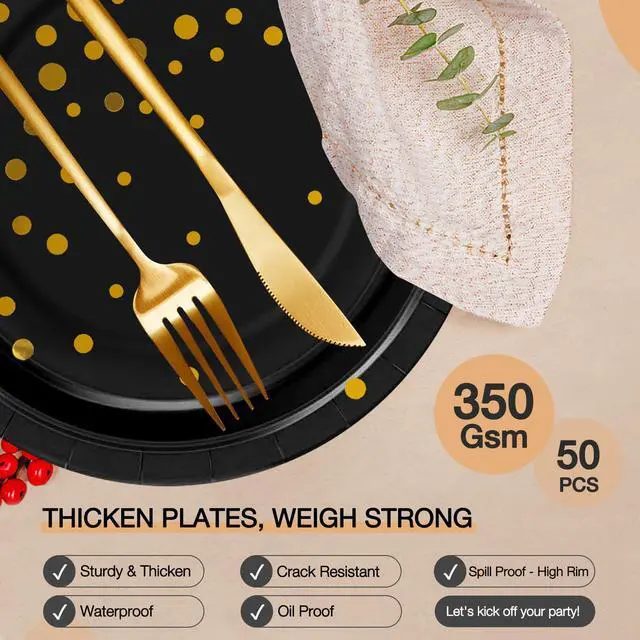 Alt view image 3 of 7 - Black Gold Paper Plates for Party, 7" Thickened Gold Dot Disposable Plates (50pcs), Birthday Cake Dessert Plates for Indoor/Outdoor Party Supplies&Decoration, Ideal for Birthday,Graduation,Retirement