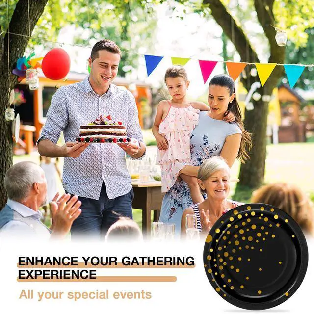 Alt view image 5 of 7 - Black Gold Paper Plates for Party, 7" Thickened Gold Dot Disposable Plates (50pcs), Birthday Cake Dessert Plates for Indoor/Outdoor Party Supplies&Decoration, Ideal for Birthday,Graduation,Retirement