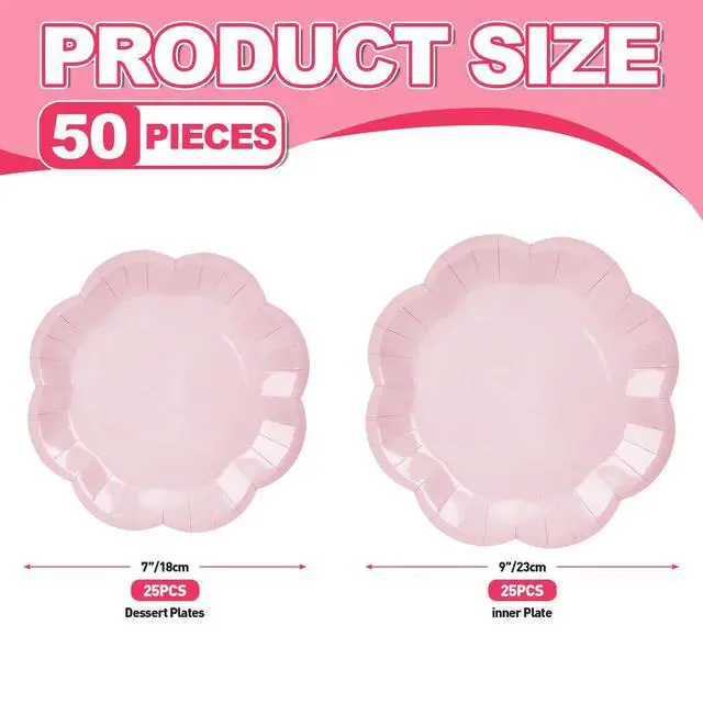 Alt view image 2 of 7 - 50 Pcs Light Pink Paper Plates 25 × 7'' and 25 × 9'' Disposable Scalloped Pink Dinner Plates Cute Party Plate for Wedding Baby Shower Birthday Party